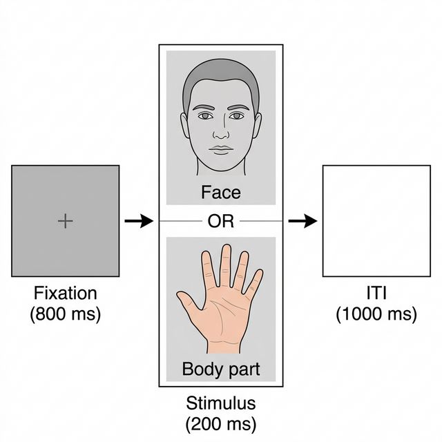 Paradigm figure showing trial sequence: fixation cross (800 ms), then face or body part stimulus (200 ms), then blank ITI (1000 ms)